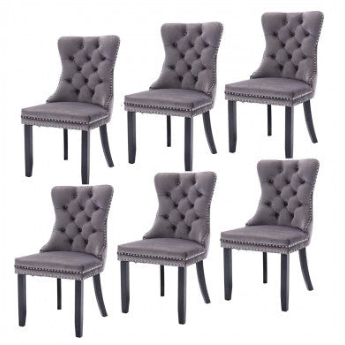 6x Velvet Dining Chairs Upholstered Tufted Kithcen Chair with Solid Wood Legs Stud Trim and Ring-Gray - House of Hyne