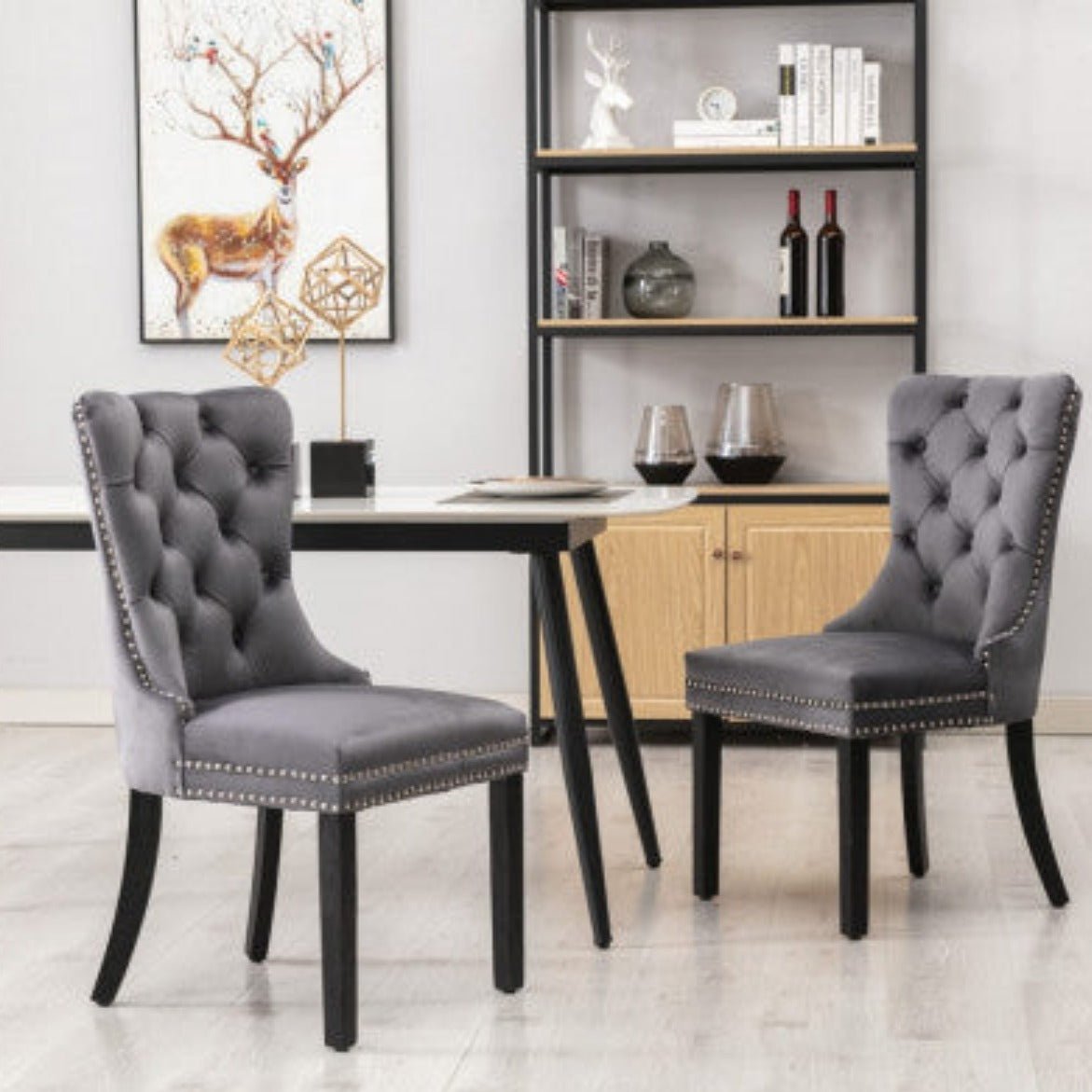 6x Velvet Dining Chairs Upholstered Tufted Kithcen Chair with Solid Wood Legs Stud Trim and Ring-Gray - House of Hyne