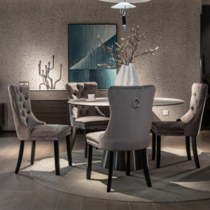 6x Velvet Dining Chairs Upholstered Tufted Kithcen Chair with Solid Wood Legs Stud Trim and Ring-Gray - House of Hyne