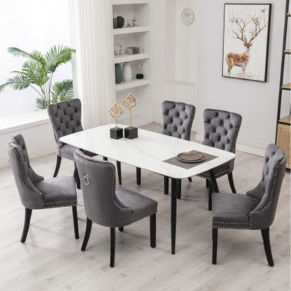 6x Velvet Dining Chairs Upholstered Tufted Kithcen Chair with Solid Wood Legs Stud Trim and Ring-Gray - House of Hyne