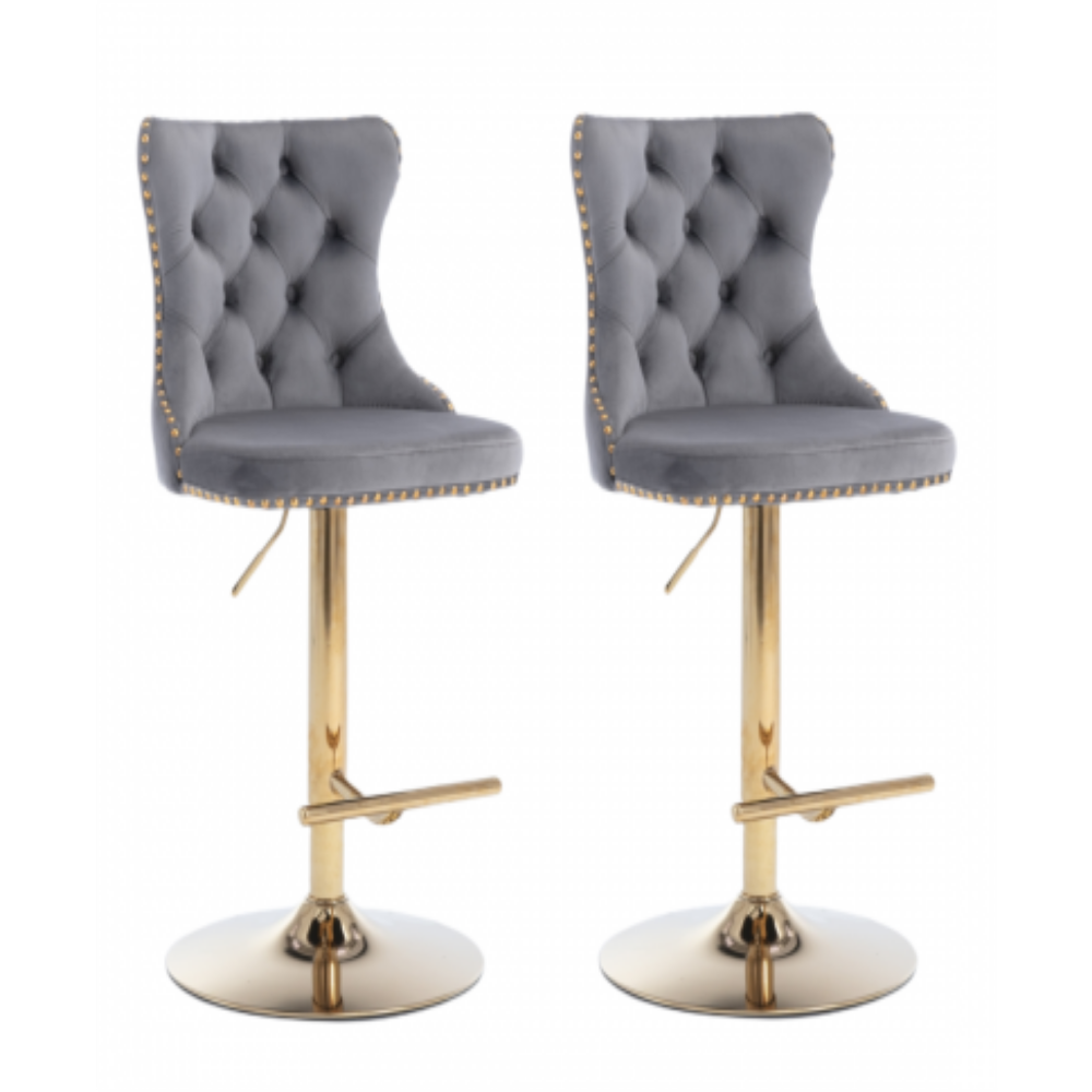 2x Height Adjustable Swivel Bar Stool Velvet Studs Barstool with Footrest and Golden Base- Grey 1