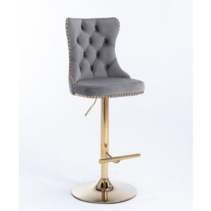 2x Height Adjustable Swivel Bar Stool Velvet Studs Barstool with Footrest and Golden Base- Grey 5