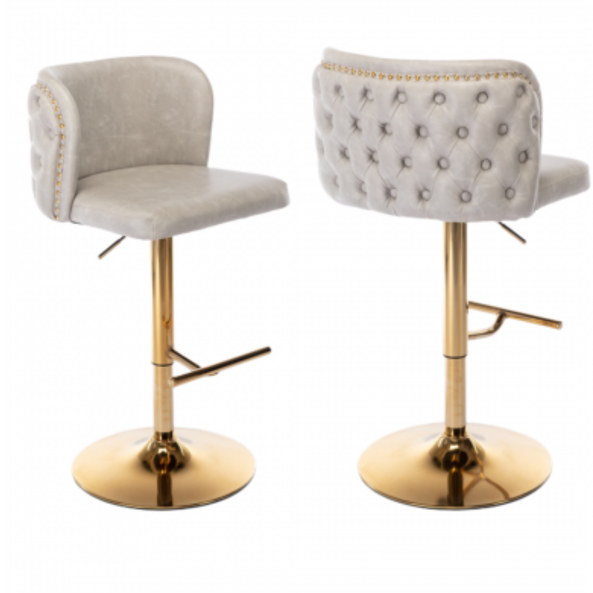 2x Faux Leather Golden Base Swivel Bar Stools- Beige 1