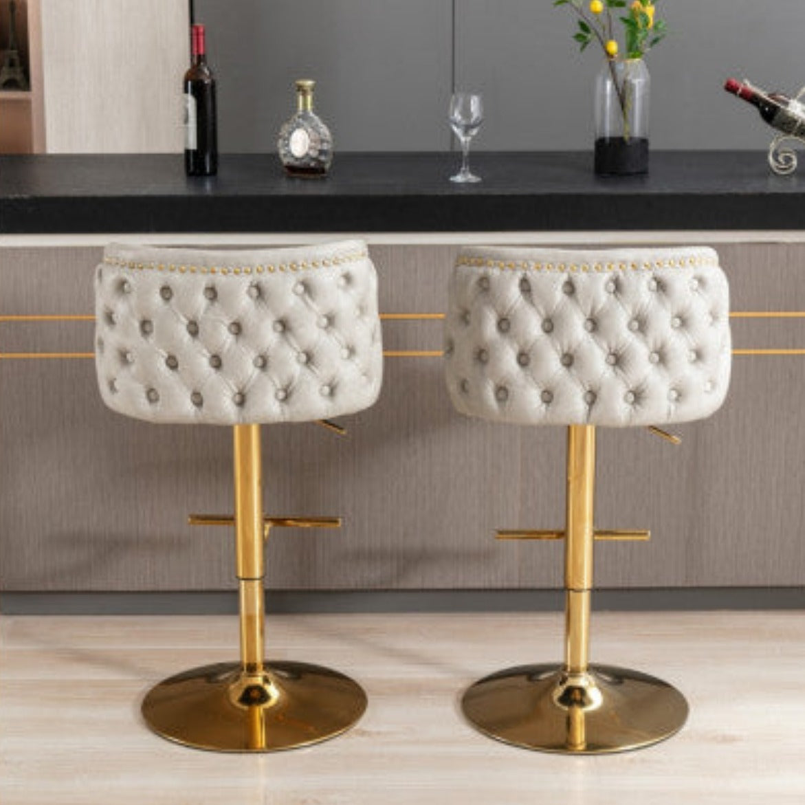 2x Faux Leather Golden Base Swivel Bar Stools- Beige 10