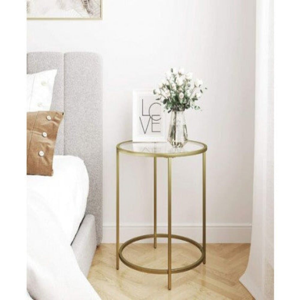 VASAGLE Round Side Table Tempered Glass End Table With Golden Metal Frame Small Coffee Table Gold LGT20G 2