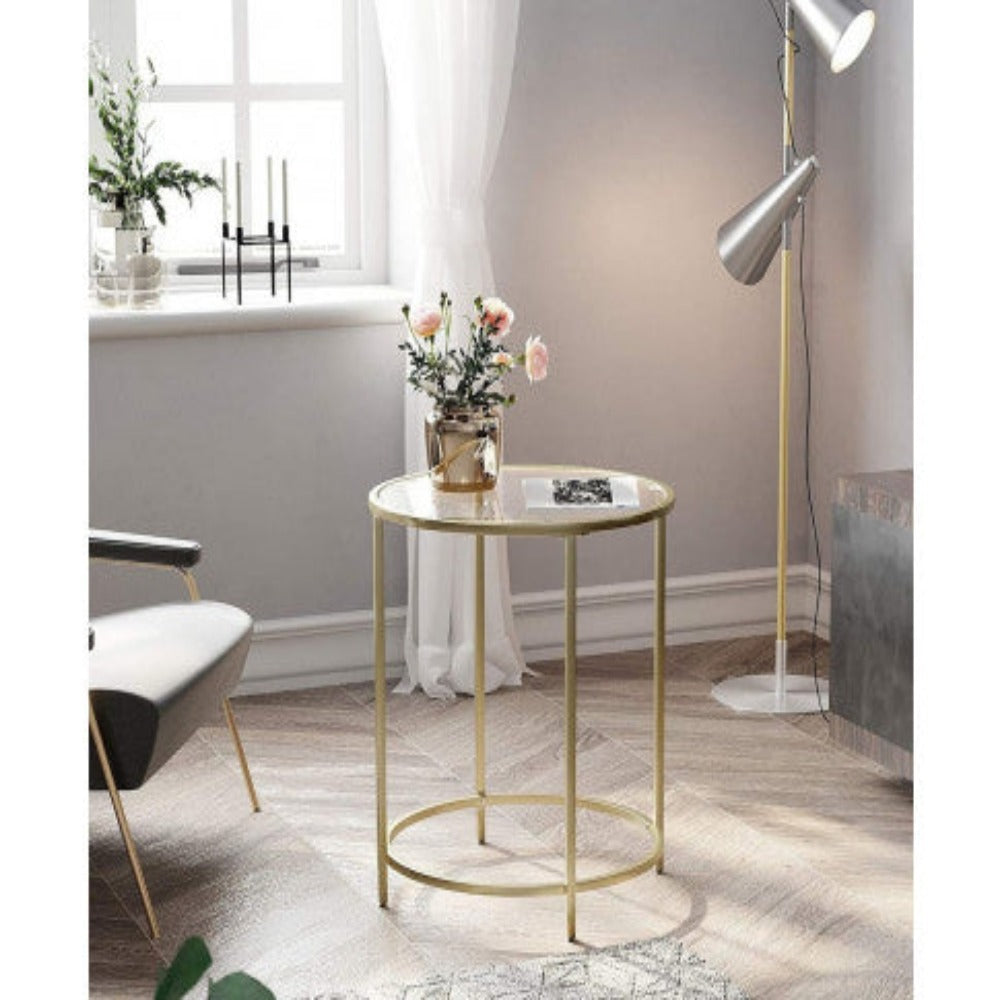 VASAGLE Round Side Table Tempered Glass End Table With Golden Metal Frame Small Coffee Table Gold LGT20G 3