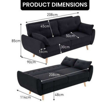 Sarantino 3 Seater Modular Linen Fabric Sofa Bed Couch Futon Suite - Black 2