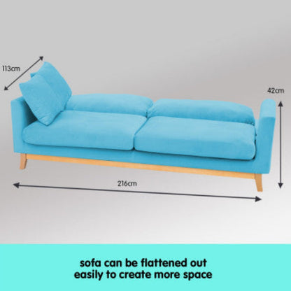 Sarantino 3 Seater Faux Velvet Wooden Sofa Bed Couch Furniture - Blue 6