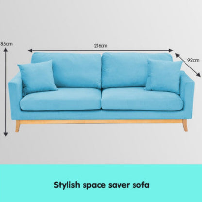 Sarantino 3 Seater Faux Velvet Wooden Sofa Bed Couch Furniture - Blue 7
