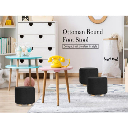 2X Fabric Ottoman Round Wooden Leg Foot Stool - BLACK 2