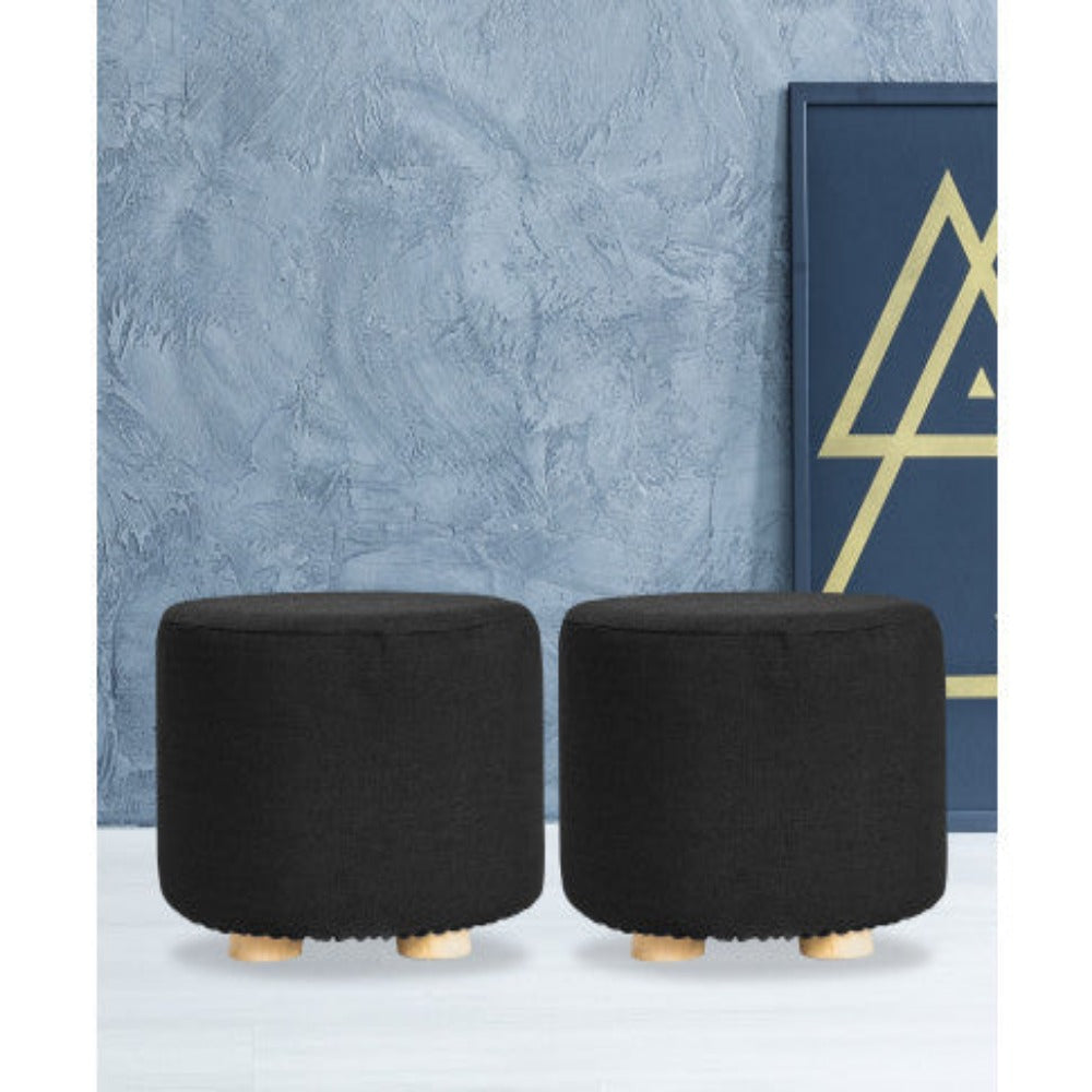 2X Fabric Ottoman Round Wooden Leg Foot Stool - BLACK 10