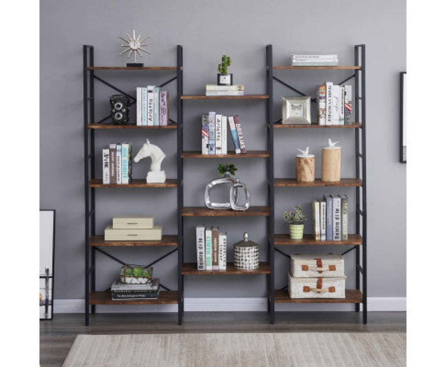 YES4HOMES Industrial Shelf Bookshelf, Vintage Wood and Metal Bookcase Furniture for Home & Office 1