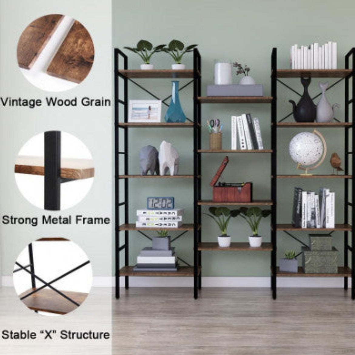 YES4HOMES Industrial Shelf Bookshelf, Vintage Wood and Metal Bookcase Furniture for Home & Office 2