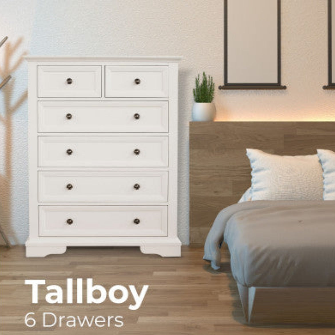 Celosia Tallboy 6 Chest of Drawers Solid Acacia Wood Bed Storage Cabinet - White - House of Hyne