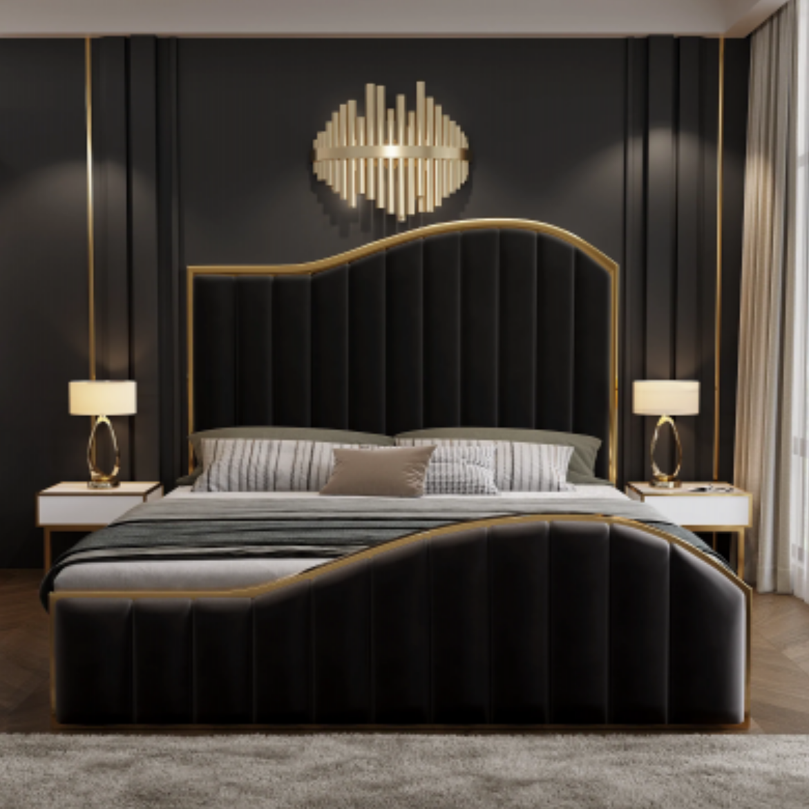 King Size Black Charcoal Velvet Fabric Golden Metal Storage Elegant Luxury Bedframe - House of Hyne