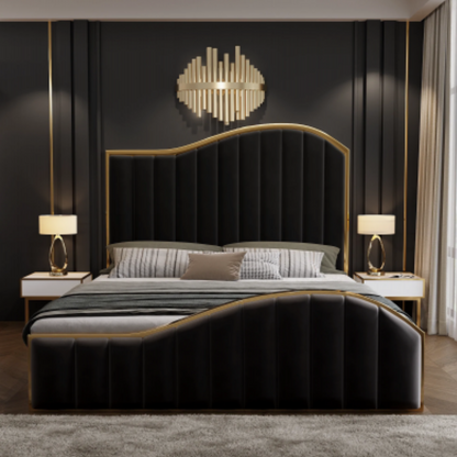 King Size Black Charcoal Velvet Fabric Golden Metal Storage Elegant Luxury Bedframe - House of Hyne