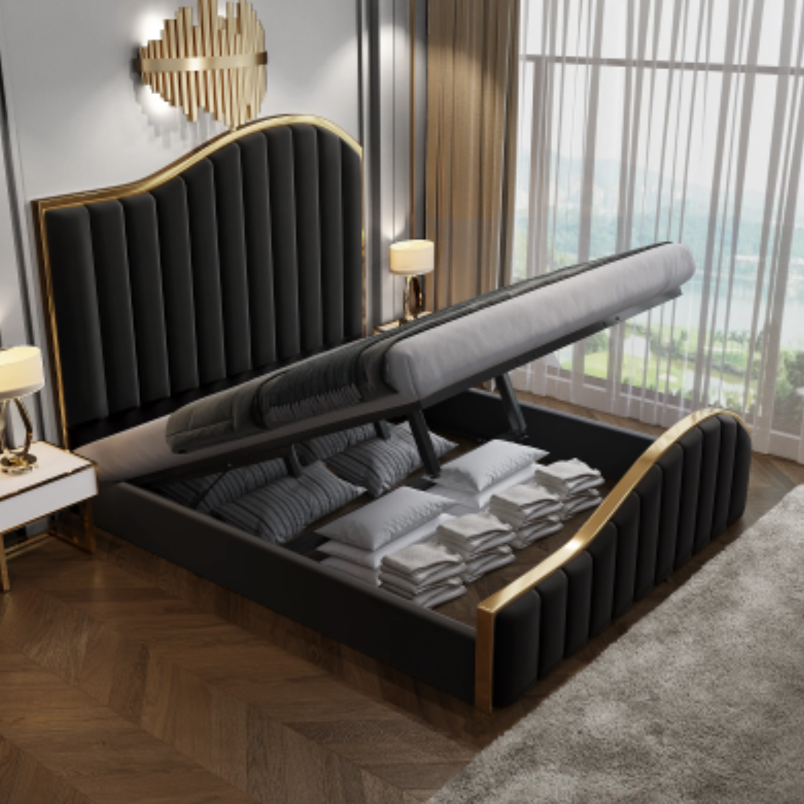 King Size Black Charcoal Velvet Fabric Golden Metal Storage Elegant Luxury Bedframe - House of Hyne