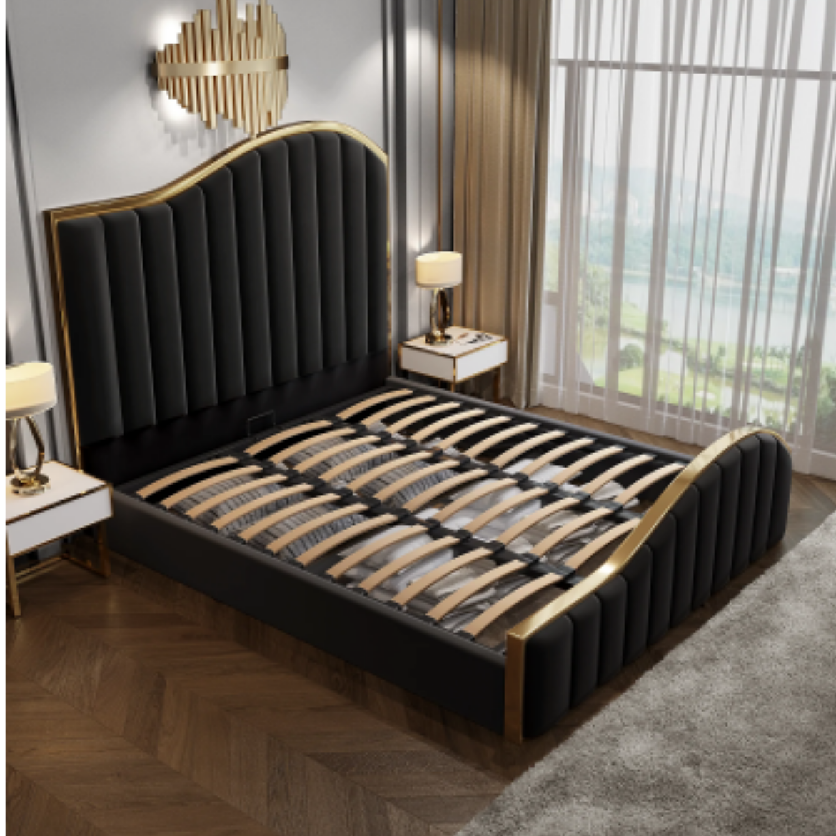 King Size Black Charcoal Velvet Fabric Golden Metal Storage Elegant Luxury Bedframe - House of Hyne