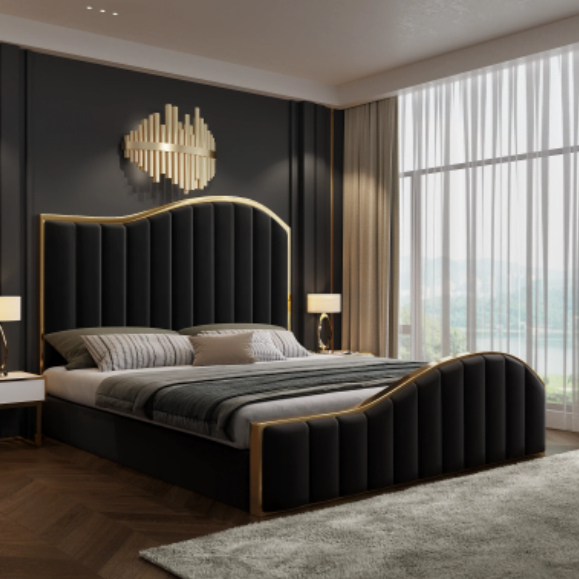 King Size Black Charcoal Velvet Fabric Golden Metal Storage Elegant Luxury Bedframe - House of Hyne