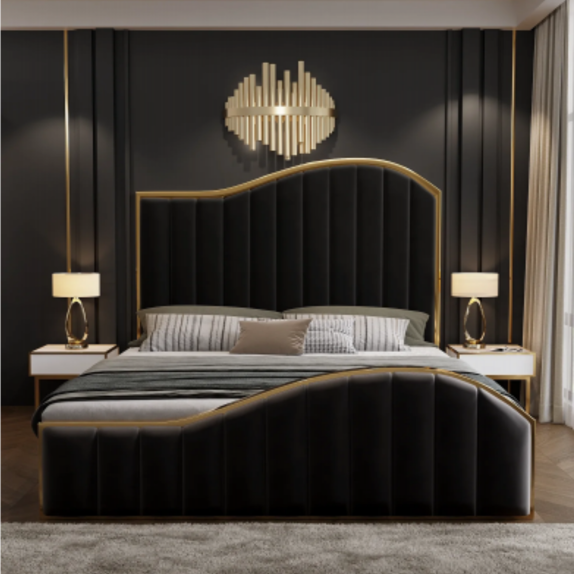 Queen Size Black Velvet Fabric Golden Metal Storage Elegant Luxury Bedframe - House of Hyne