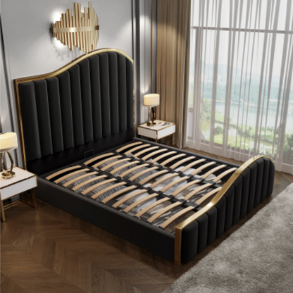 Queen Size Black Velvet Fabric Golden Metal Storage Elegant Luxury Bedframe - House of Hyne