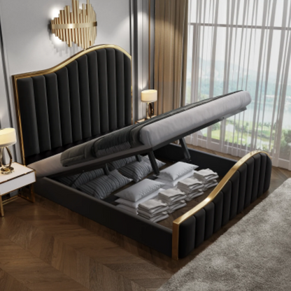 Queen Size Black Velvet Fabric Golden Metal Storage Elegant Luxury Bedframe - House of Hyne