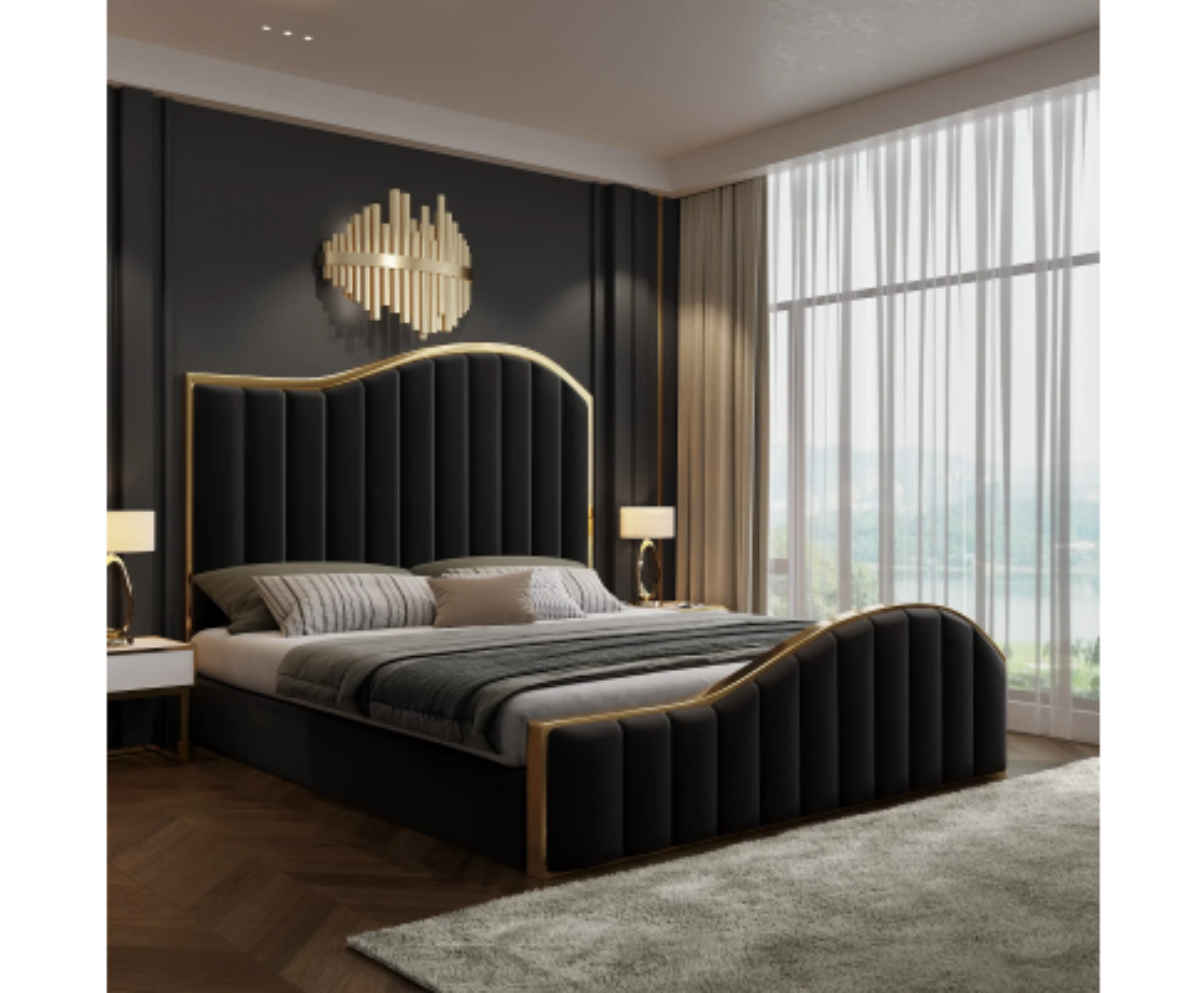 Queen Size Black Velvet Fabric Golden Metal Storage Elegant Luxury Bedframe - House of Hyne