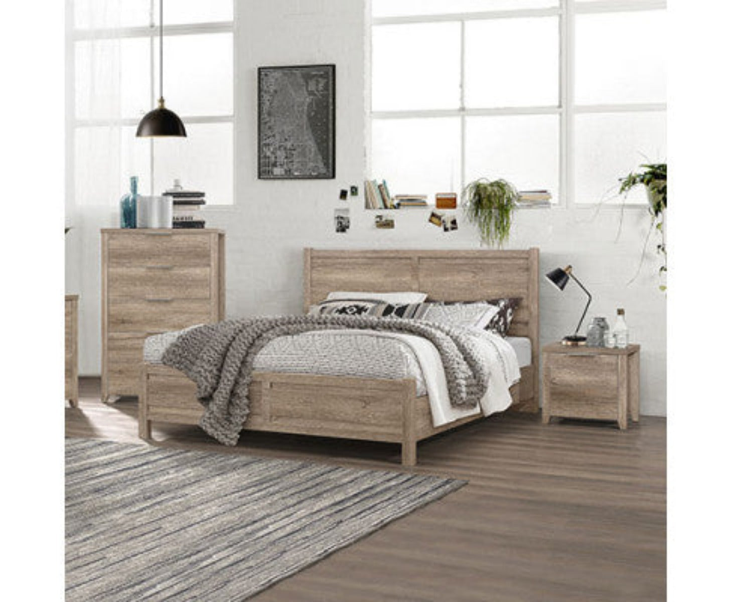 4 Pieces Bedroom Suite Natural Wood Like MDF Structure King Size Oak Colour Bed, Bedside Table & Tallboy - House of Hyne