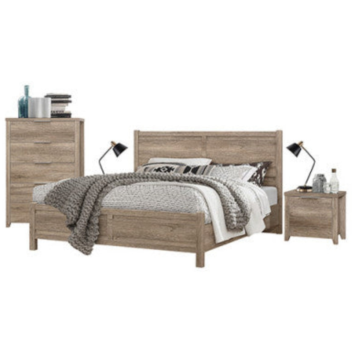 4 Pieces Bedroom Suite Natural Wood Like MDF Structure King Size Oak Colour Bed, Bedside Table & Tallboy - House of Hyne