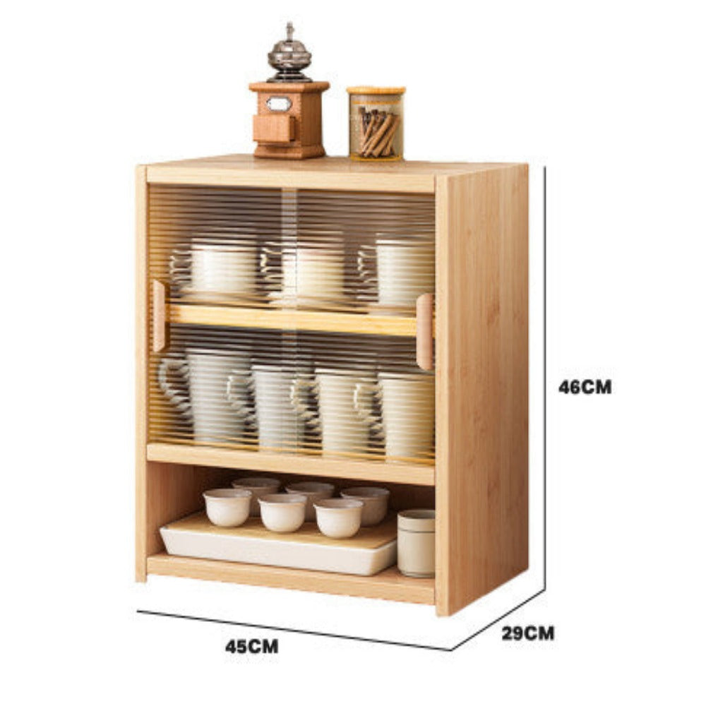 Bamboo Dustproof Cup Storage Cabinet with Sliding Acrylic Door 1