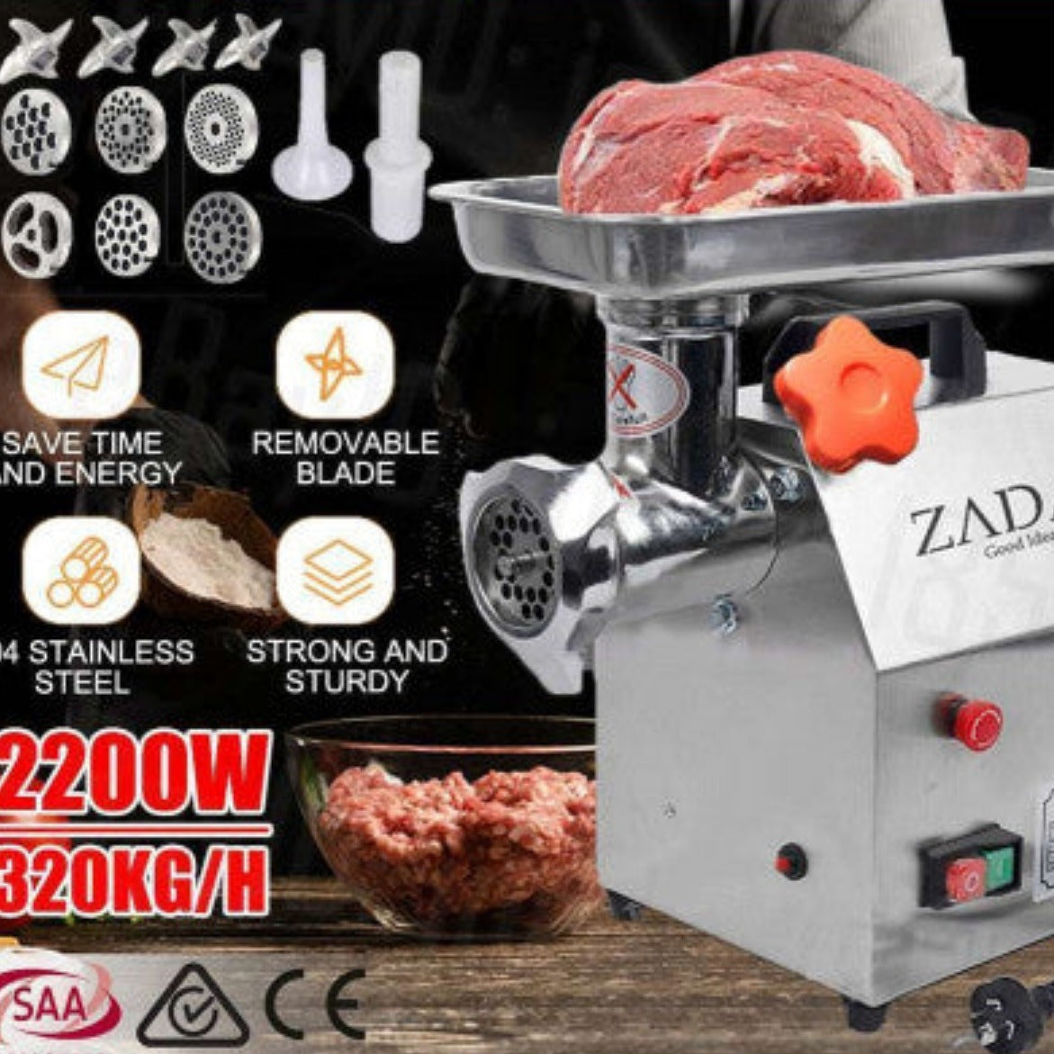 1.63HP Commercial Meat Mincer- Electric Grinder & Sausage Maker Filler 1200W 1