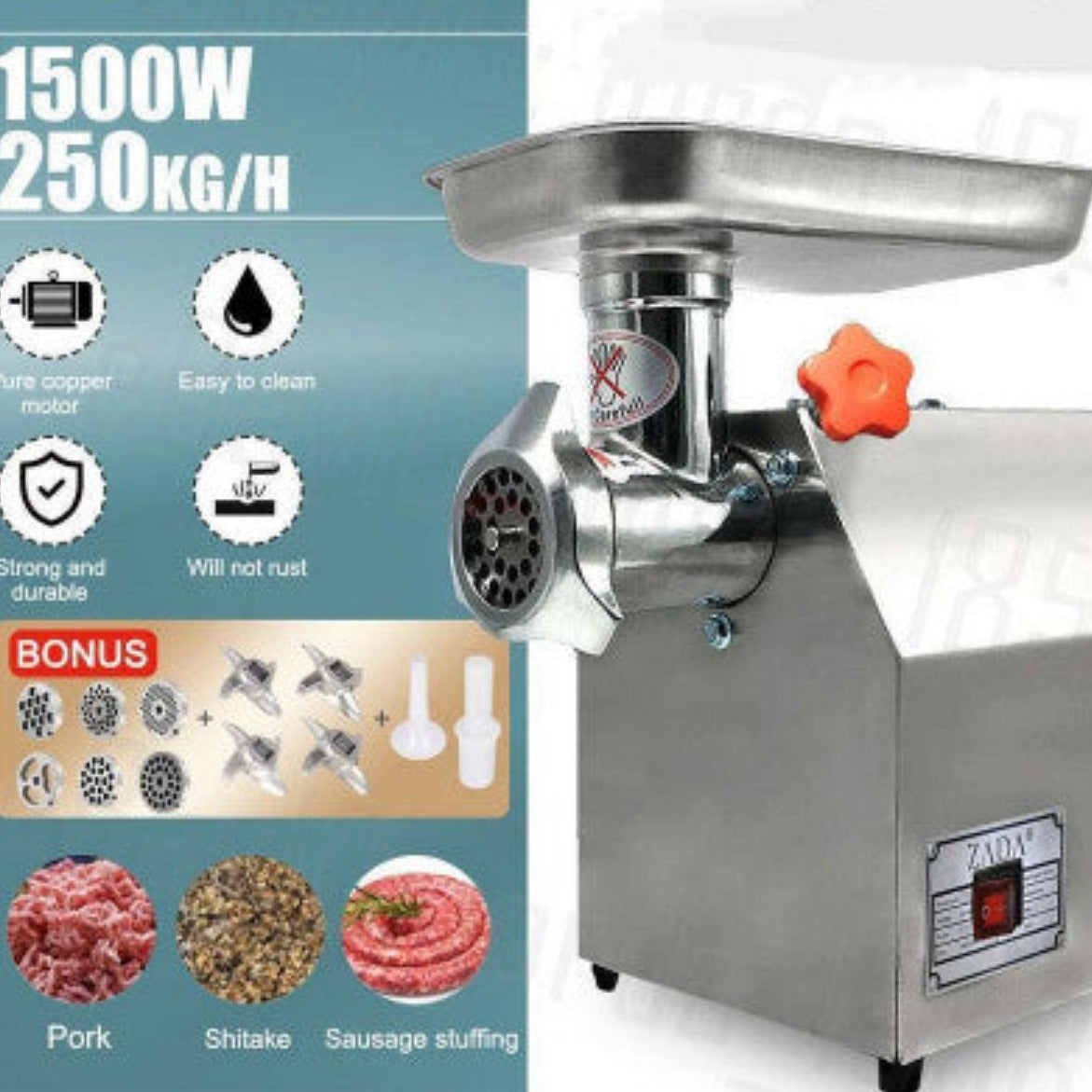 1.63HP Commercial Meat Mincer- Electric Grinder & Sausage Maker Filler 1200W 2