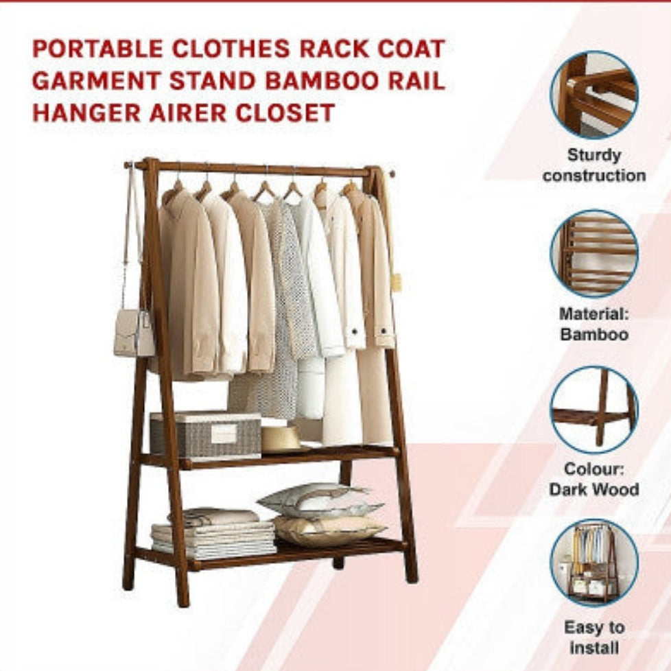 Portable Clothes Rack Coat Garment Stand Bamboo Rail Hanger Airer Closet 3