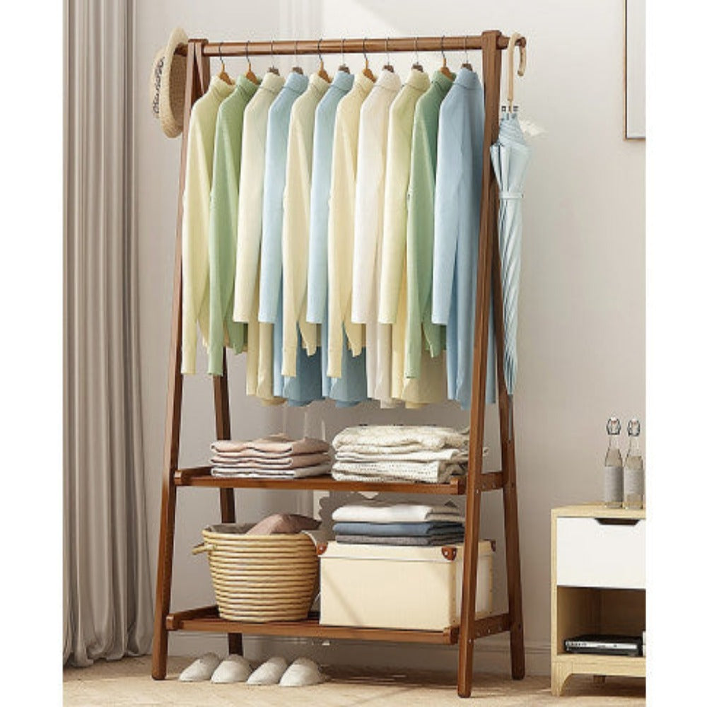 Portable Clothes Rack Coat Garment Stand Bamboo Rail Hanger Airer Closet 4