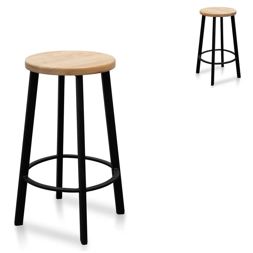 Zarvok 65cm Bar Stool -With Natural Timber Seat - Black Frame (Set of 2) - House of Hyne