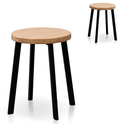 Zyphorian 46cm Natural Wooden Seat Low Stool - Black Legs (Set of 2) - House of Hyne