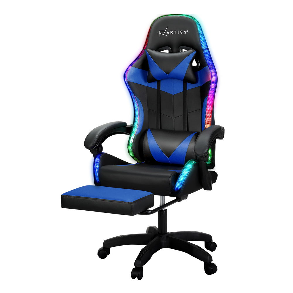 Zyphorian Artiss 6 Point Massage Gaming Office Chair 7 LED Footrest Blue - House of Hyne