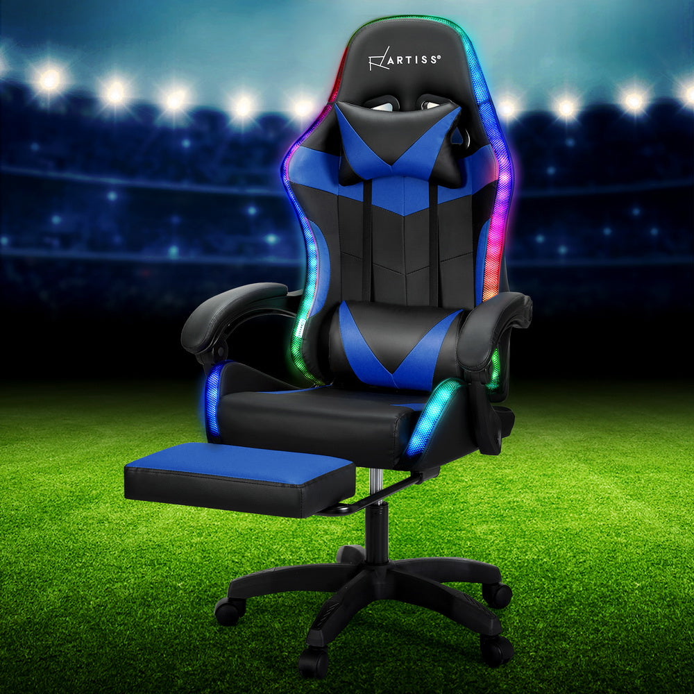 Zyphorian Artiss 6 Point Massage Gaming Office Chair 7 LED Footrest Blue - House of Hyne