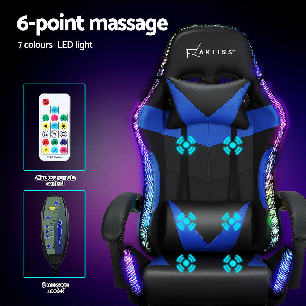 Zyphorian Artiss 6 Point Massage Gaming Office Chair 7 LED Footrest Blue - House of Hyne