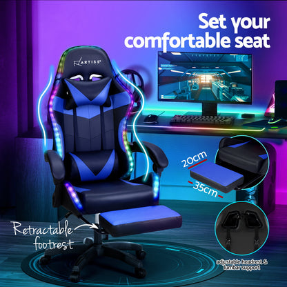 Zyphorian Artiss 6 Point Massage Gaming Office Chair 7 LED Footrest Blue - House of Hyne