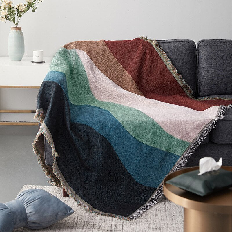 Prismatic Flow Anyhouz Throw Blanket Abstract Rainbow Wave Pattern with Tassel 4