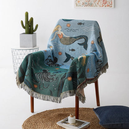 Azure Siren Anyhouz Throw Blanket Blue Mermaid Pattern with Tassel 5