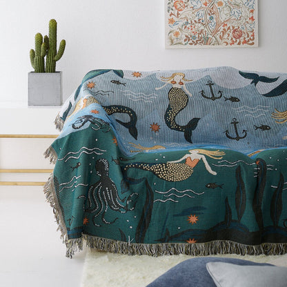 Azure Siren Anyhouz Throw Blanket Blue Mermaid Pattern with Tassel 6