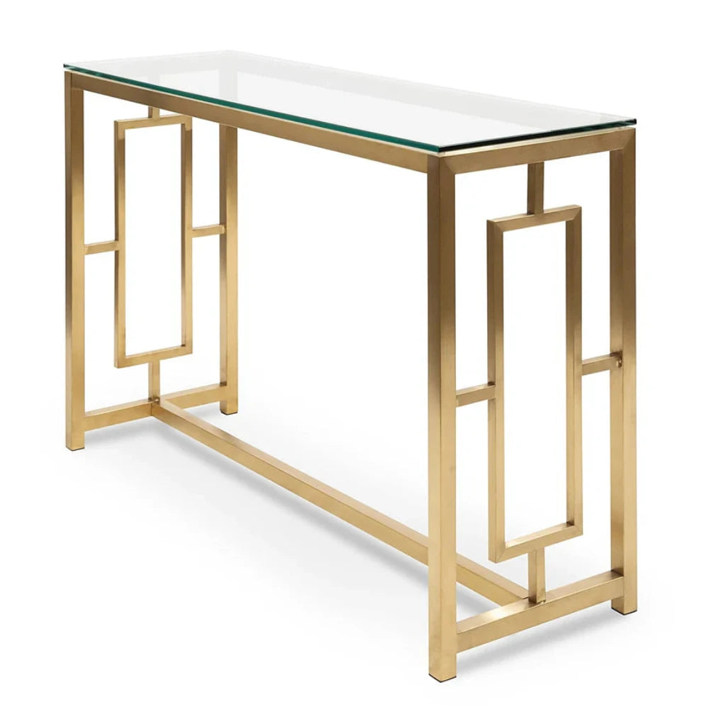 Glormak Glass Console Table - Brushed Gold Base-houseofhyne