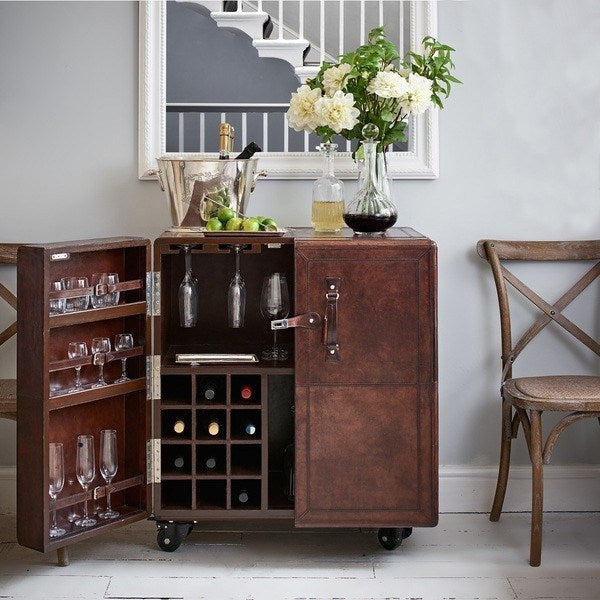 Benedict Bar Cabinet Cart Dark Leather - House of Hyne