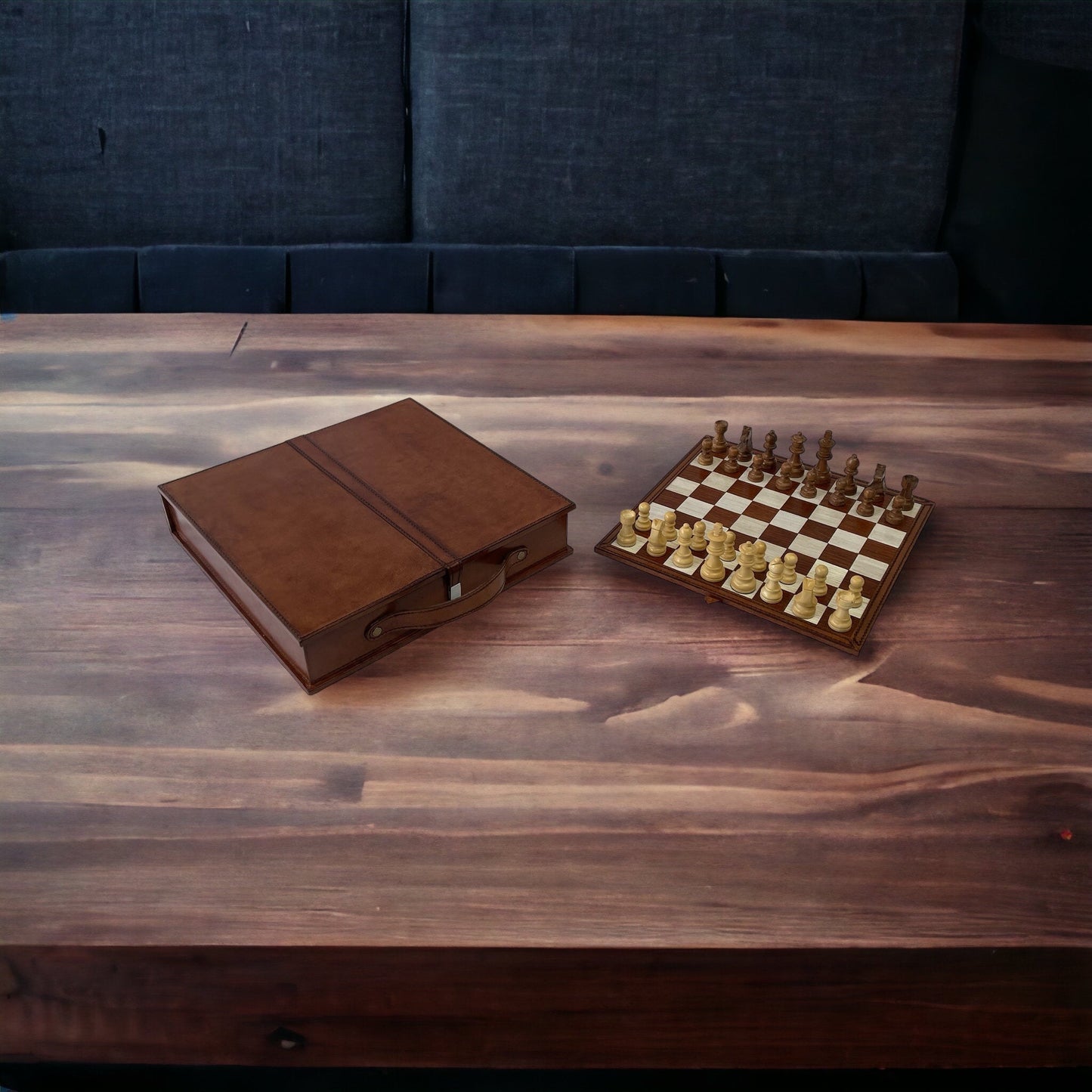 Leather Chess Set Box With Wooden Pieces