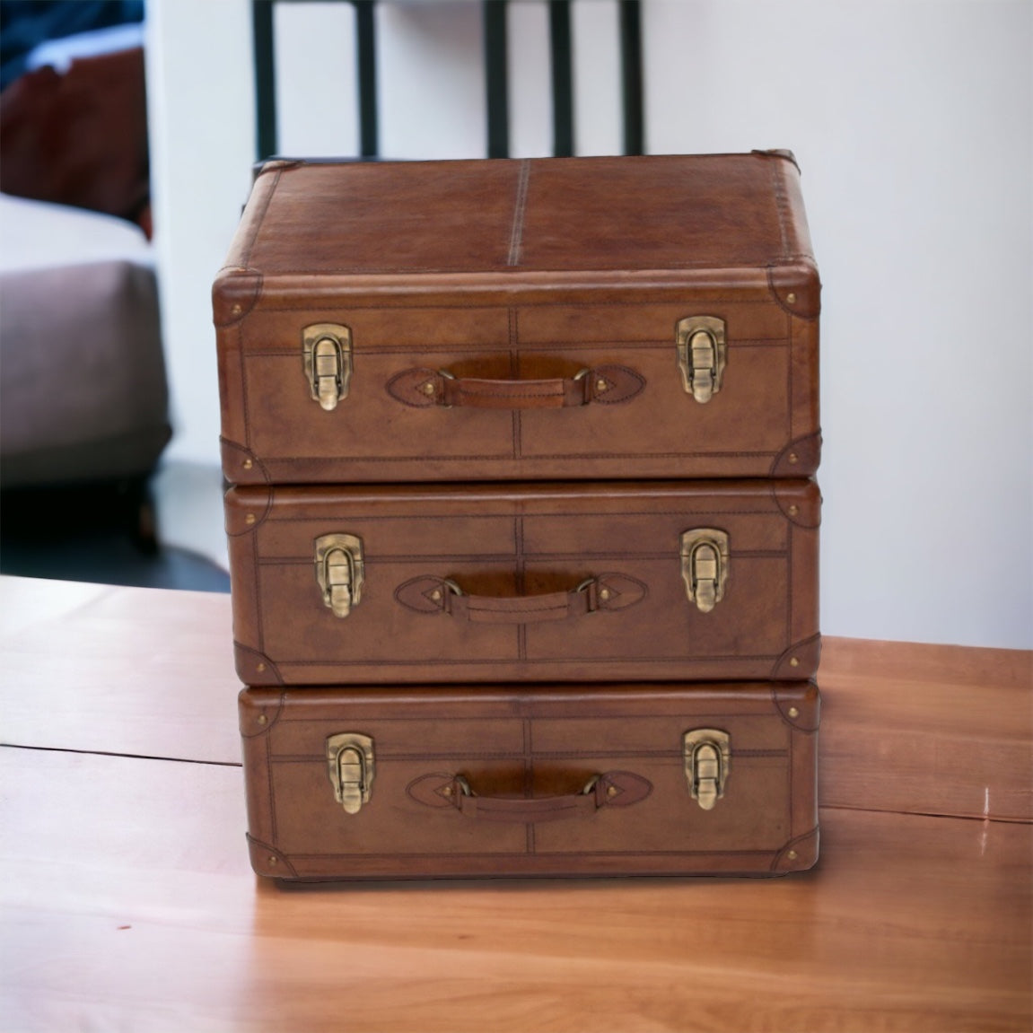 Feijo Bed Side Table with 3 Drawers - Tan Leather - House of Hyne