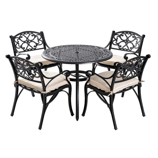 Marco Cast Aluminium Round Outdoor Dining Table Set in Black - 5 Pieces - House of Hyne