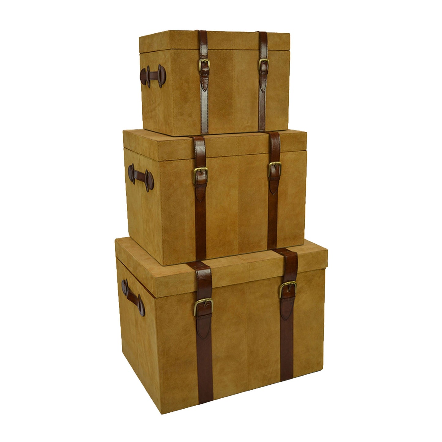 Ioguss Set of 3 Tan Suede Leather Trunk Set - House of Hyne