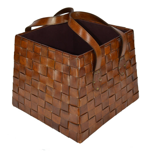 Fanciful Tan Leather Weaving Magazine Basket - Notbrand